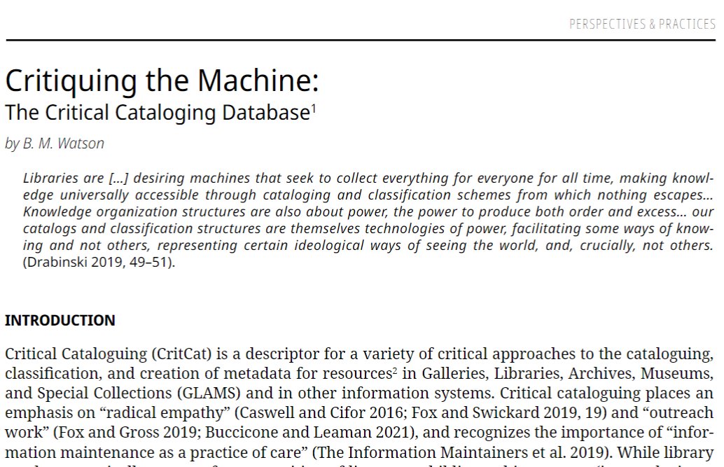 brimwats's tweet image. new #OA article from me about the critical cataloging database (critcat.org) lessons taught by #critcat (#critarch #critlib). It's dedicated to and opens w a quote from @edrabinski bc it would not exist if not for her. 

serials.atla.com/tcb/article/vi…