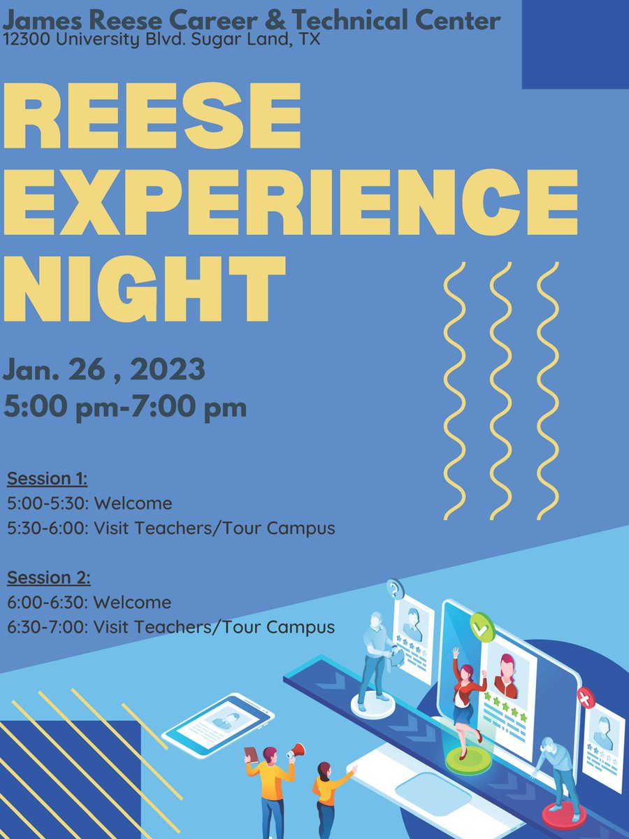 Due to the weather, Reese Experience Night is canceled for tonight and rescheduled for this Thursday evening from 5-7pm. Applications for next year will still open today at 4pm. @JWErdie @lizg @fbisd_cte