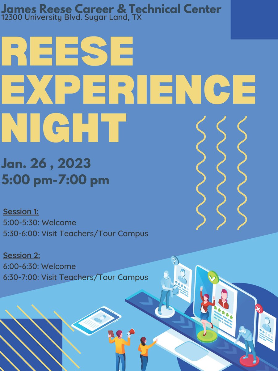James Reese Career and Technical Center (@ctereesecenter) on Twitter photo Due to the weather, Reese Experience Night is canceled for tonight and rescheduled for this Thursday evening from 5-7pm. Applications for next year will still open today at 4pm. <a href="/JWErdie/">Julia Erdie, Ed. D</a> @lizg @fbisd_cte Due to the weather, Reese Experience Night is canceled for tonight and rescheduled for this Thursday evening from 5-7pm. Applications for next year will still open today at 4pm. <a href="/JWErdie/">Julia Erdie, Ed. D</a> @lizg @fbisd_cte