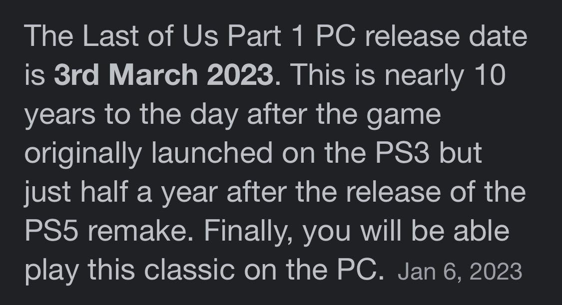 The Last of Us Part I coming to PC on March of 2023