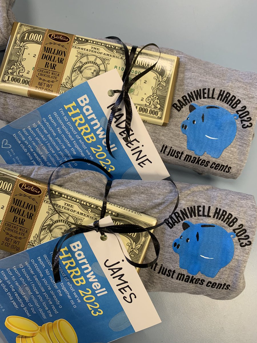 GoShapiro's tweet image. Our Barnwell #HRRB team is one-in-a-million! Love our shirts based on @stacymcanulty’s book! Threw in a million 💵 🍫 bar for funsies! Our team just makes cents! 💰