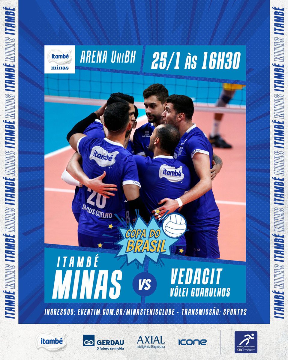 MinasTenisClube's tweet photo. 🔥COPA BRASIL NA ARENA!
🏐 Itambé Minas x Vedacit Guarulhos
📅 25/1 (quarta-feira) - 16h30
📍 Arena UniBH
🎟 Ingressos: https://t.co/4M9a83yDVF e bilheteria física
📺 Transmissão: SporTV 2 e Canal Vôlei Brasil
#VaiMinas #ItambéMinas #Volleyball #SuperligaMasculina #ParedaoAzul https://t.co/phvb1bjgEV