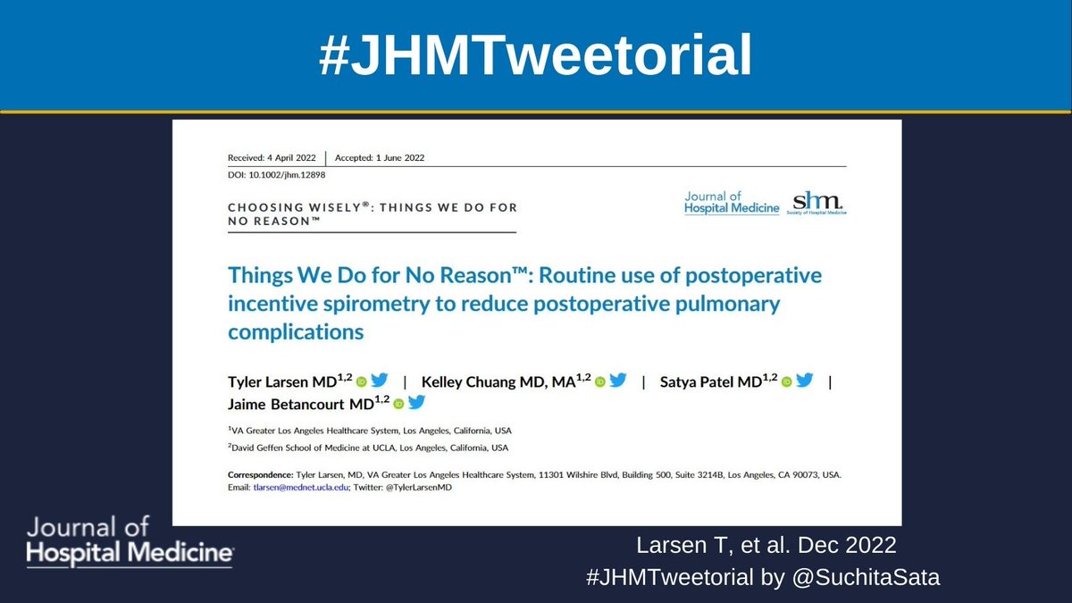 New #TWDFNR! Things We Do For No Reason by @TylerLarsenMD : Routine use of postoperative incentive spirometry to reduce postoperative pulmonary complications Follow this #JHMTweetorial by @SuchitaSata Read more …mpublications.onlinelibrary.wiley.com/doi/10.1002/jh…