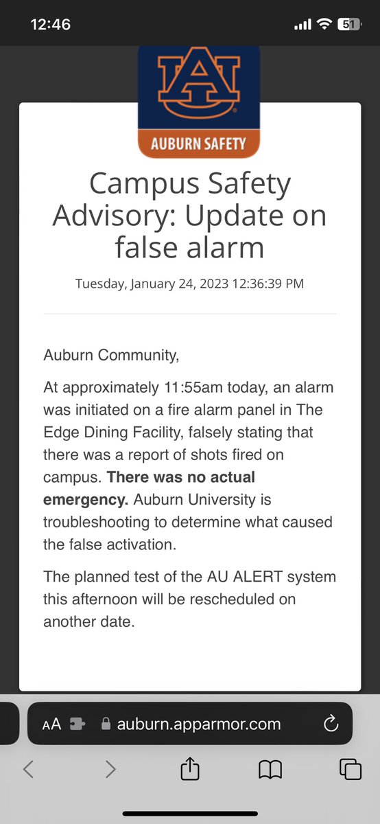 False alarm at Edge Dining Facility at 11:55am today. There was no actual emergency. Test of AU ALERT for today will be rescheduled on another day.