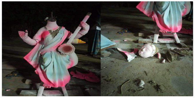 MeghUpdates's tweet photo. Bangladesh⚡Islamic extremists have broken all the idols in the hindu temple to stop Saraswati Puja celebrations. The attack took place on a temple in Purbadhala market of Netrokona. https://t.co/BuCCPrBQtg