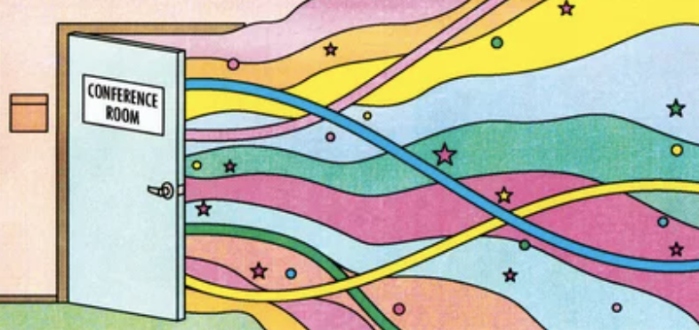 My favorite part of this is the illustration of what supposedly comes out of meetings in office conference rooms