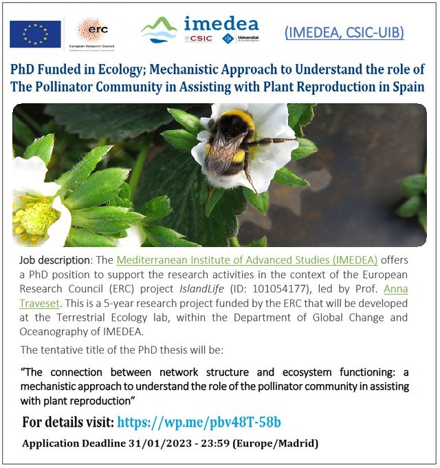 📌 Only 1 week left to apply for  PhD Funded Position in Ecology; Mechanistic Approach to Understand the role of the Pollinator Community in Assisting with Plant Reproduction in Spain 🇪🇸... Please Retweet! For details visit the link below👉 wp.me/pbv48T-58b