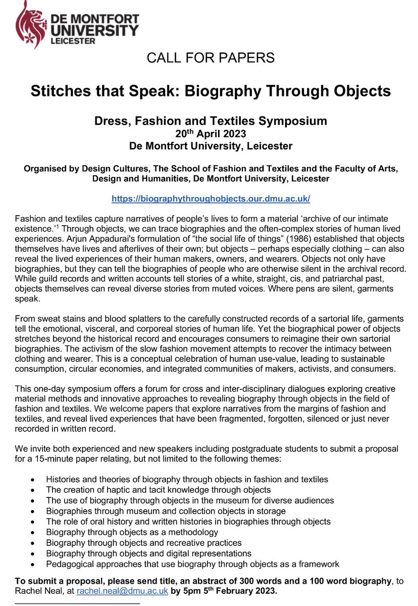 📣CFP📣 Stitches that Speak: Biography Through Objects. Do send your abstract through to <a href="/RachelFayeNeal/">Rachel Neal</a> if you’re working on the power of clothes to tell human stories 👗🧣🧢🪡 Deadline 5th Feb!