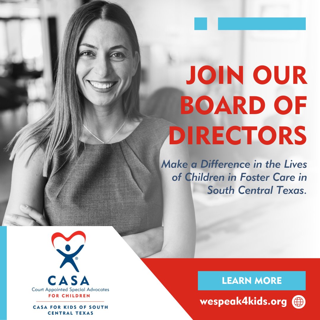 #CASAforKidsSouthCentralTexas is seeking highly qualified, successful #leaders to join our #BoardofDirectors! Do you desire to make a difference in the lives of #fosterchildren? Visit wespeak4kids.org/join-our-board to view the responsibilities and to apply!

#CASAforKids #fostercare