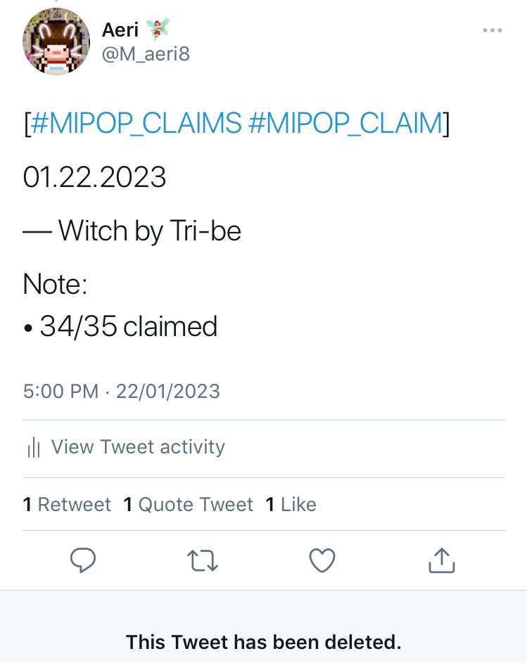 M_aeri8's tweet photo. [#MIPOP_CLAIMS #MIPOP_CLAIM]

I accidentally deleted my tweet about claiming the song Witch by Ti-be but here is the proof that I claimed it first

01.22.2023
—Witch by Tri-be

Note:
•34/35 https://t.co/WarfxpDydW