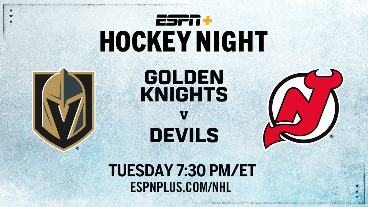 Tuesday, #NHL action continues on @ESPNPlus & @hulu 🏒 7:30p ET | @GoldenKnights at @NJDevils 🎙 @espnbob, @BrianBoucher33, @emilymkaplan Studio | @espnSteveLevy, @lindacohn, @KevinWeekes, @TheRealCally24, @PKSubban1