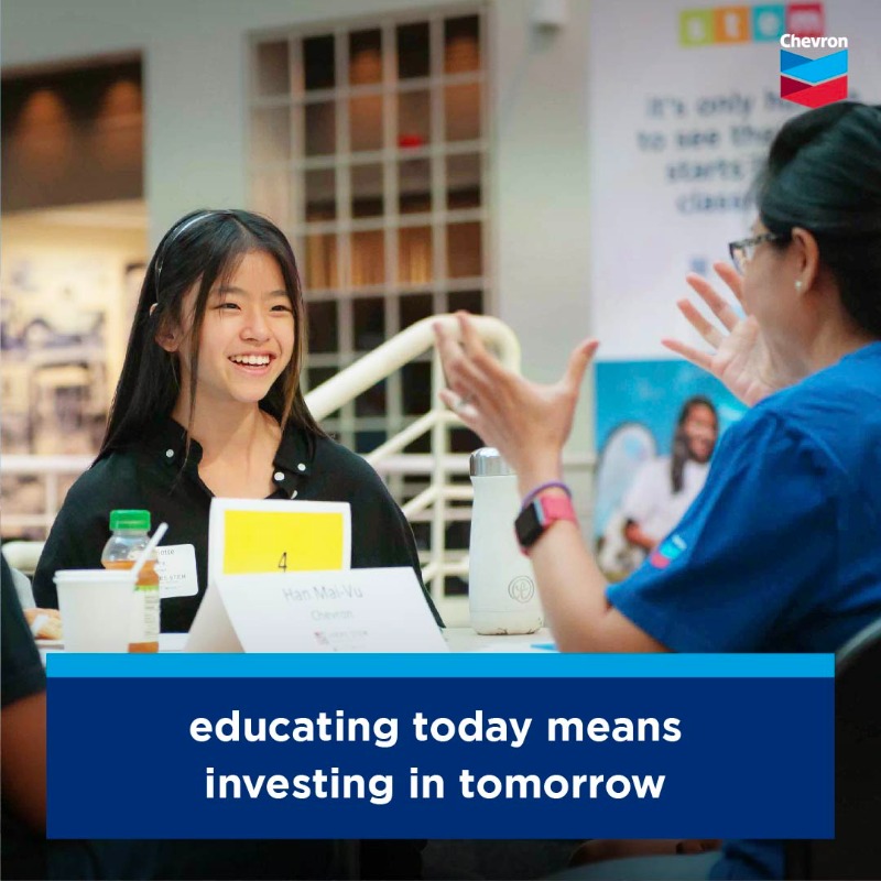 Chevron's tweet photo. Weβre always ready to lend a hand for learning. Happy #InternationalDayofEducation to all of the #ScientistsOfTomorrow!