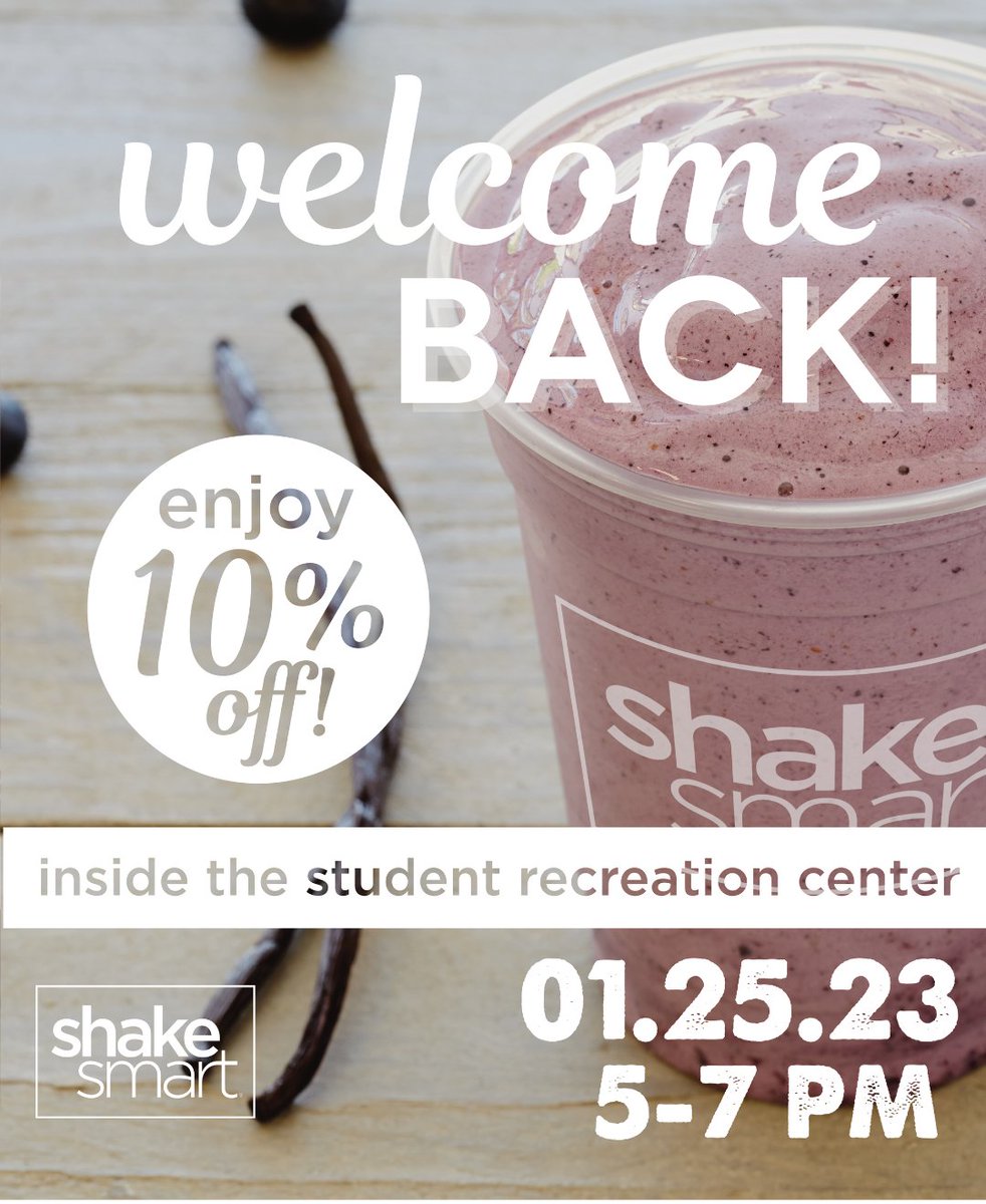 BamaDining's tweet photo. Wednesday make sure to stop by the UA Rec Center and enjoy a 10% discount at Shake Smart! What is your go to shake? See you there!
#shakesmart #uarec #bamadining #rolltide https://t.co/DZzYUbWHKh