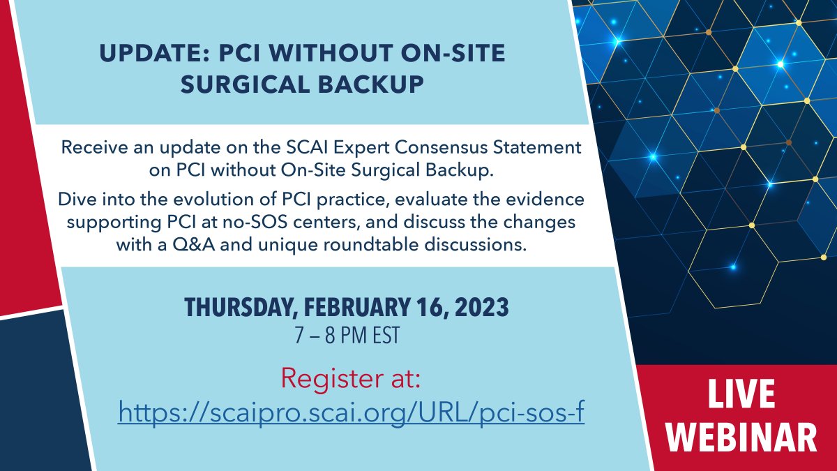 An update is forthcoming to the SCAI Expert Consensus Statement on PCI Without On-Site Surgical Backup. Discuss the key changes and evaluate the evidence supporting #PCI at no-SOS centers during this live webinar on February 16. Register now ➡️ scai.org/event/pci-with…