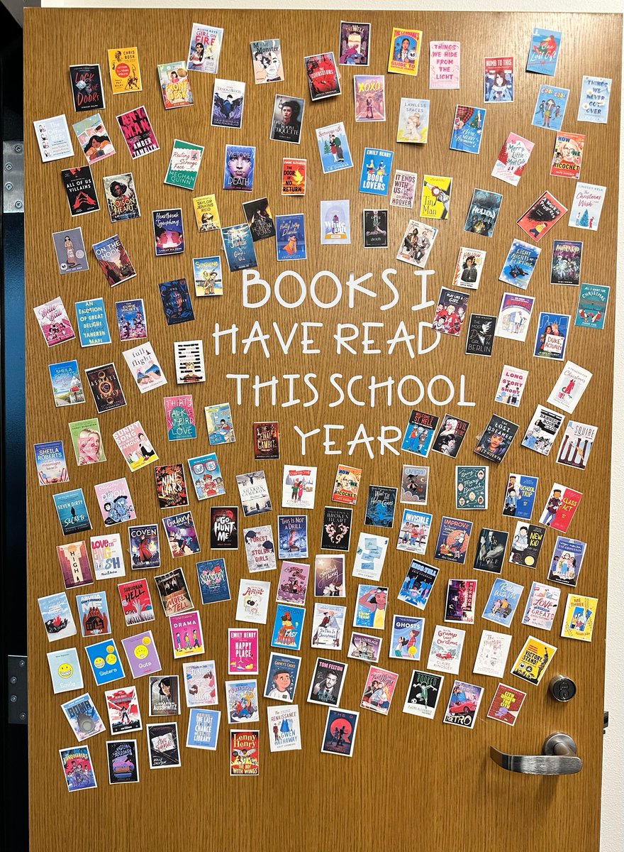 Z_Brarian's tweet photo. I just updated my door, 142 titles & counting for SY22-23. Great #passiveprogramming & #booktalking with Ss & Ts. If you don't want to print & cut out all the pics, I created My Digital Door (there's 115 book frames). Link in bio! #library #BookRecommendations https://t.co/IlxmUWpFEr