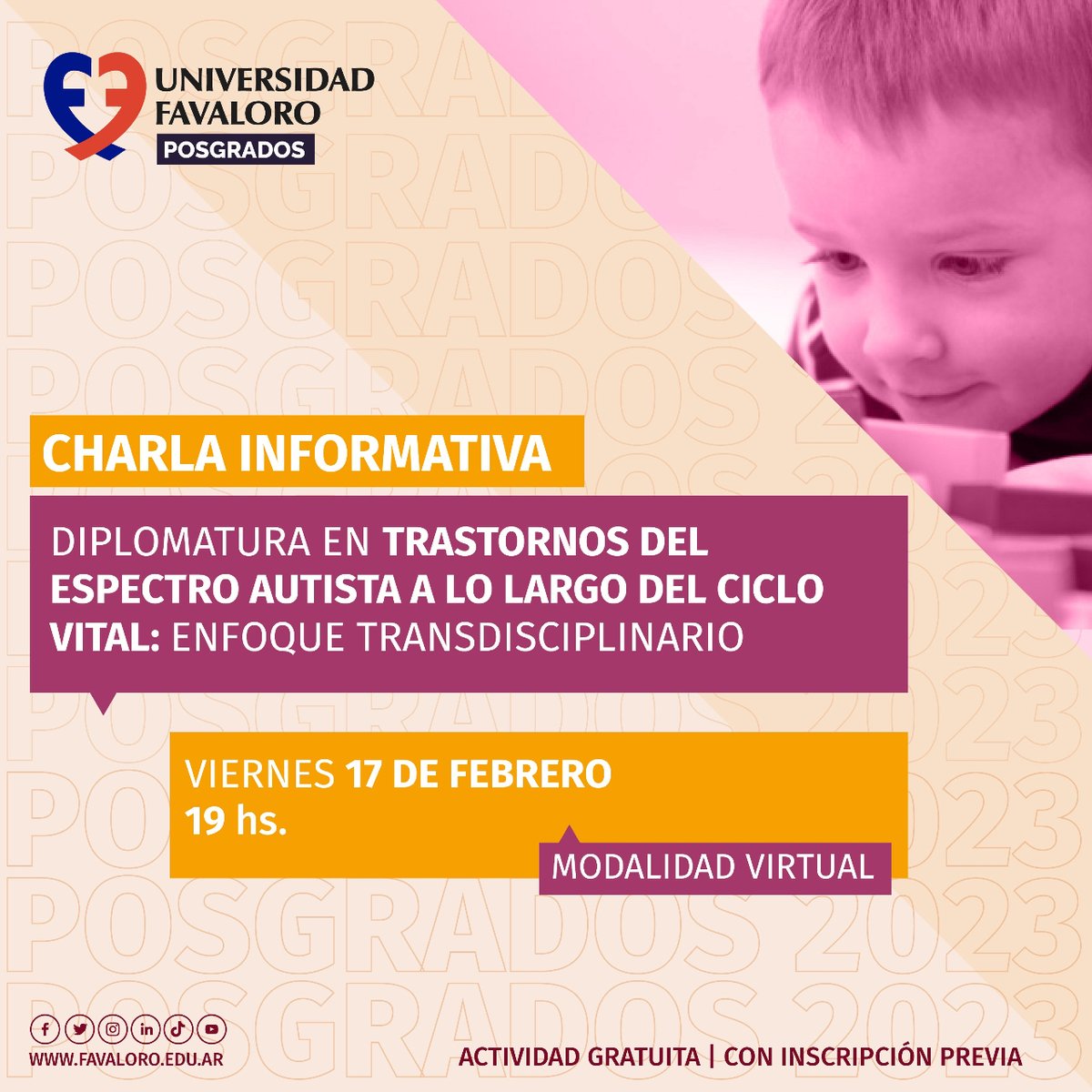 unifavaloro's tweet image. POSGRADOS 2023 👉🏼 Diplomatura en Trastornos del Espectro Autista a lo largo del Ciclo Vital: Enfoque Transdisciplinario 

‼️ Si queres participar de la charla anótate en forms.gle/ULuZtcrdt5yGYc…

¡Te esperamos! 

#EspectroAutista #DiplomaturaEnFavaloro #UniversidadFavaloro