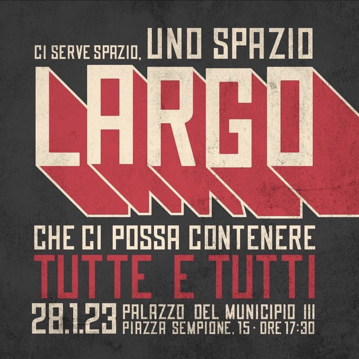 Vi aspettiamo sabato 28 gennaio 2023 
ore 17:30 nella Sala Consiliare del Municipio Roma III a Piazza Sempione 15.

facciamoci L A R G O !
grandecomeunacitta.org/incontri/l-a-r…
