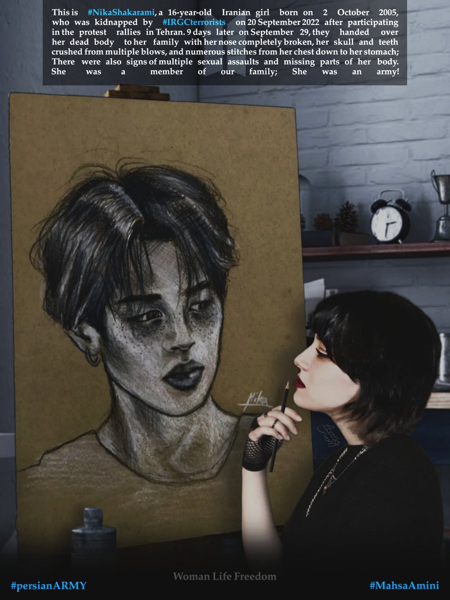 <a href="/97SARCHIVES/">℘</a> <a href="/BTS_twt/">방탄소년단</a> #NikaShakarami 16 yo ARMY:
"Beauty, charm, talent, if these words were human, they would be Jimin"
This is what Nika said to her sister before her death.
During the revolution in Iran, she was chased down, raped, beated &amp; thrown down a building by #IRGCterrorists
...
#persianARMY