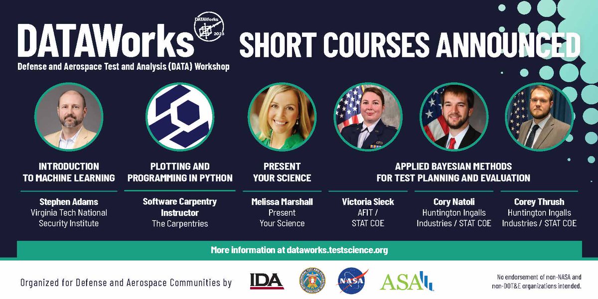 Institute for Defense Analyses (@ida_org) on Twitter photo Mark your calendars for #DATAWorks23 and check out the exciting line-up of short course instructors from <a href="/HumeVT/">Hume Center</a>, <a href="/swcarpentry/">Software Carpentry</a>, @MMarshallSpeaks and U.S. Air Force Institute of Technology! Learn more: idalink.org/DATAWorks23 #DataViz #BayesianMethods #AI #RStudio Mark your calendars for #DATAWorks23 and check out the exciting line-up of short course instructors from <a href="/HumeVT/">Hume Center</a>, <a href="/swcarpentry/">Software Carpentry</a>, @MMarshallSpeaks and U.S. Air Force Institute of Technology! Learn more: idalink.org/DATAWorks23 #DataViz #BayesianMethods #AI #RStudio