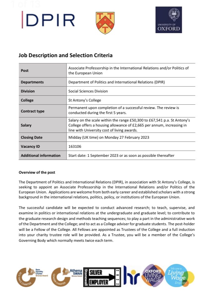 The Department of Politics and International Relations (<a href="/Politics_Oxford/">Oxford Politics and IR</a> ), in association with St Antony’s College, is seeking to appoint an Associate Professorship in the International Relations or Politics of the European Union. Apply! Deadline noon 27 February 2023!!!