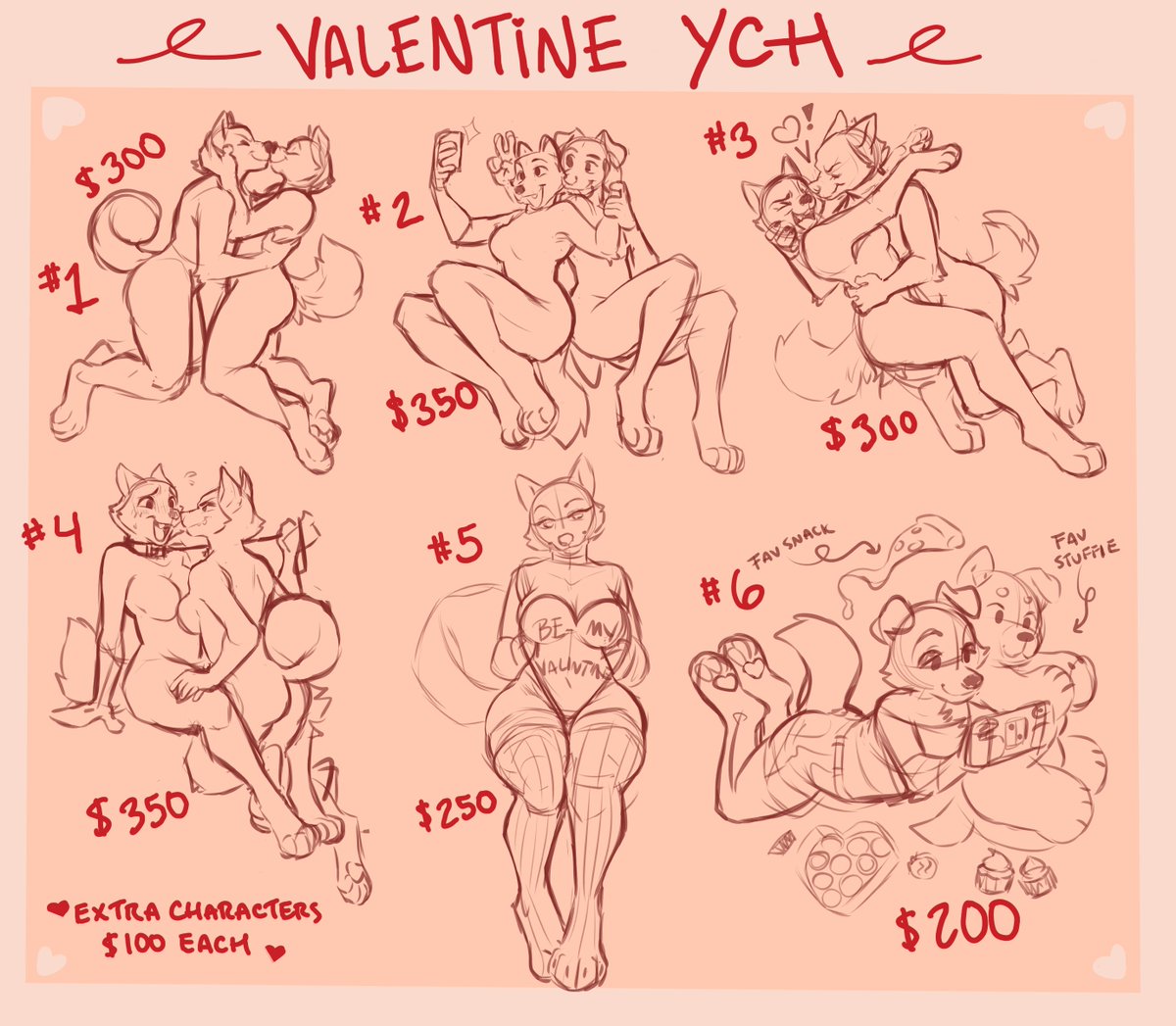 Chibbutts's tweet photo. 💕Valentines YCH's are OPEN!💕
Two spots for each pose! 
PayPal/Stripe payments OK! 
Triad options for 2/3/4 ! 
ANY gender/species

comment to claim! RT's always appreciated 🙏 https://t.co/zJMj17tsEy