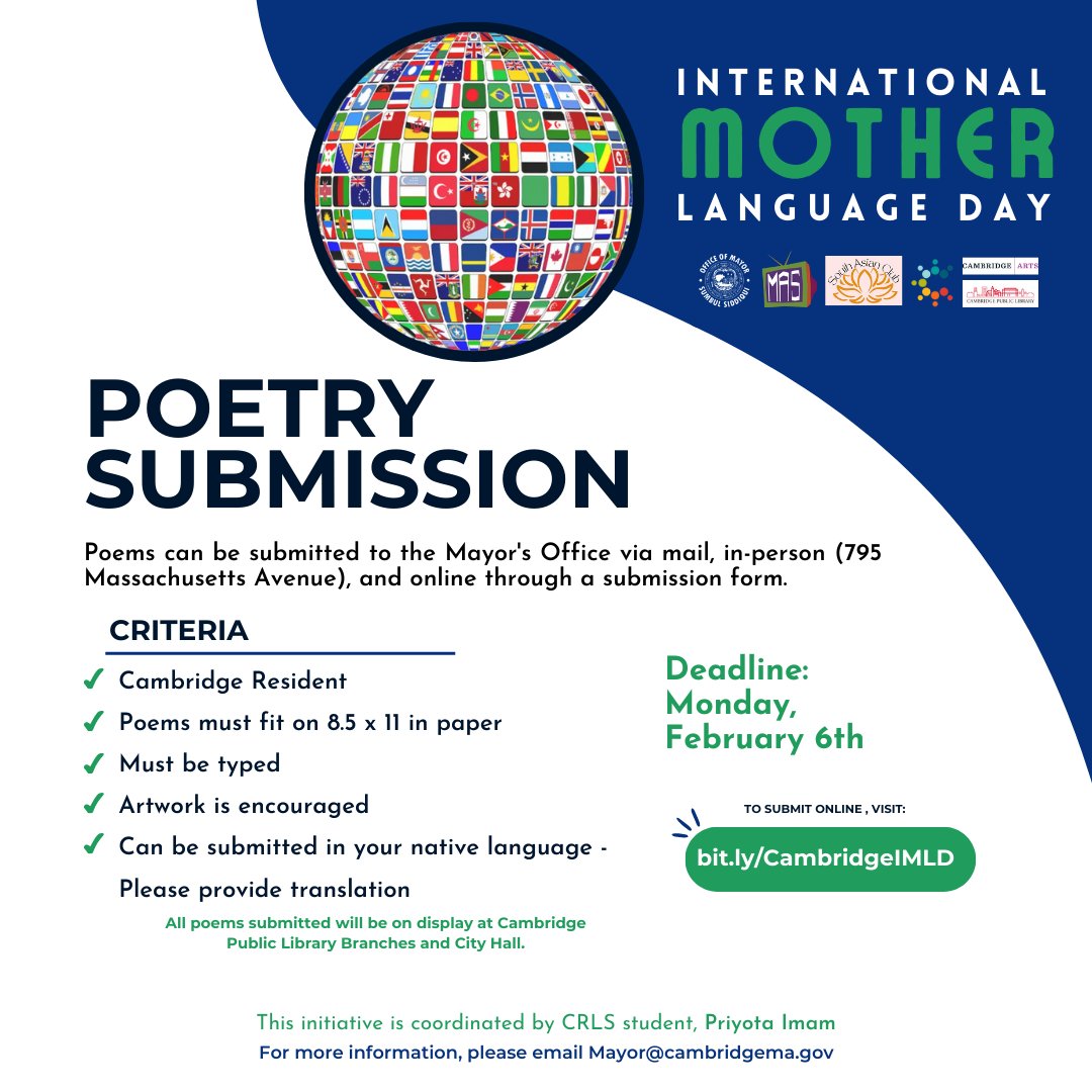 yvconline's tweet photo. POETRY SUBMISSION

International Mother Language Day is celebrated around the world on February 21st to honor cultural diversity. There are over 90 languages spoken at Cambridge Public Schools and we want to share them! 

#poetry #motherlanguageday #cambridgema #contests https://t.co/H2iNEZt8X6