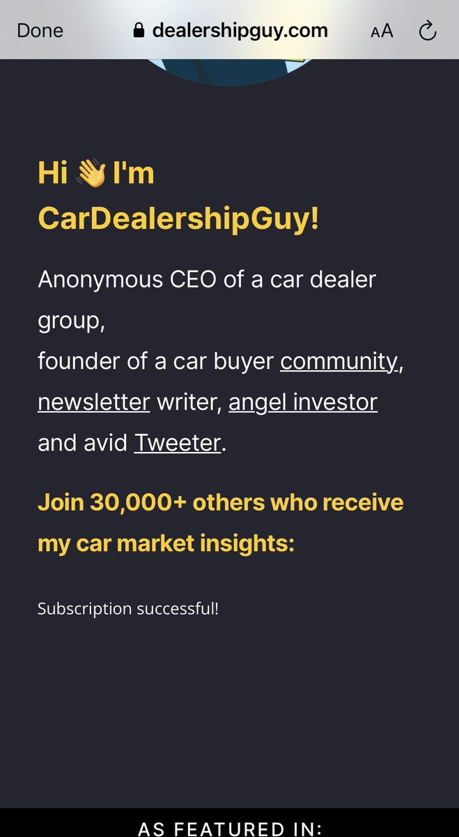 Done it and taken the leap, <a href="/GuyDealership/">Car Dealership Guy</a> newsletter signed up. One of the best feeds out there imo. Moved to #NorthCarolina a few months ago from London and now need a second car, highly valuable info on #usedcars