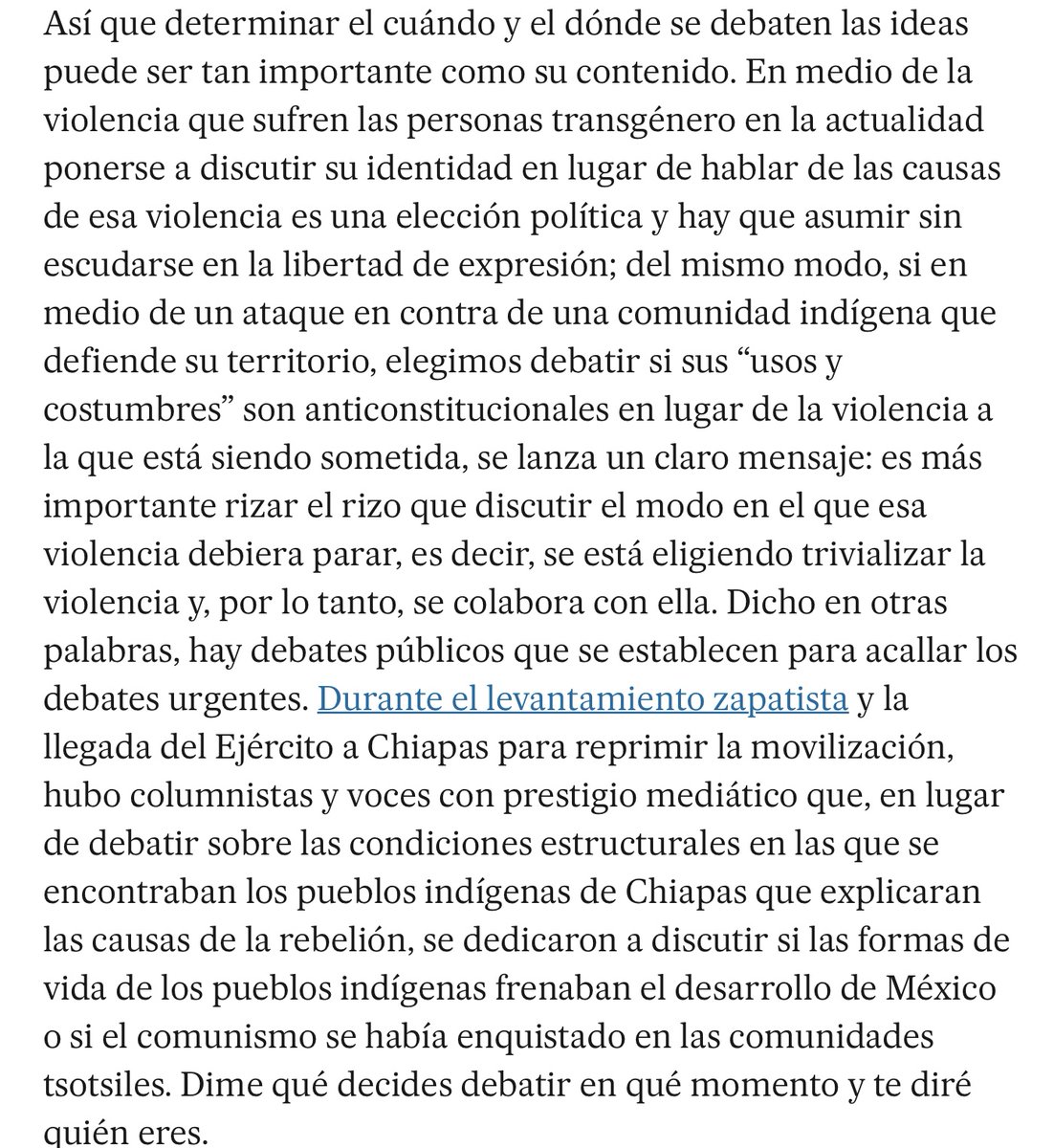 Fedenavarrete's tweet photo. El artículo de hoy de Yasnaya Aguilar me parece muy certero cuando discute la manera en que debatir los derechos de personxs trans y comunidades indígenas y negar su autenticidad, sirve para no discutir las persecuciones que experimentan. (…) https://t.co/tumSRYQi8u