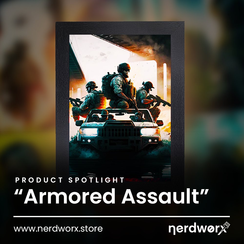 🚨PRODUCT SPOTLIGHT🚨 "Armored Assault" Full Size Framed Print from our #FPS collection is one of our product spotlights this week! remember you can get 20% off using code WORX20LAUNCH. These high-quality prints will transform your setup. #artprints #GamingSetup #gamingdecor