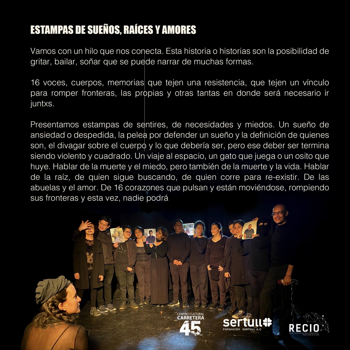 "ESTAMPAS DE SUEÑOS, RAÍCES Y AMORES" creación colectiva de los alumnos del Diplomado de Artes Escénicas 2022 "Rompiendo Fronteras".
Dirección de <a href="/ItzelEnciso/">Itzel Enciso</a> 

📍Transmisión en línea: Carretera 45 Teatro

📅 Sábado 28 de Enero 7PM
Domingo 29 de Enero 6PM

#RompiendoFronteras