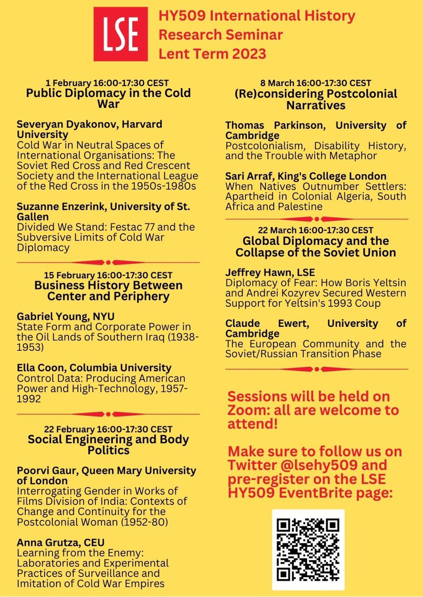 LSEHY509's tweet photo. 🚨 We're excited to announce our programme for the Lent Term 2023. We're dealing with topics from Cold War, Colonialism, IT, Diplomacy to Film 🖋️ and looking at regions from South Asia, Middle East to North America 🗺️

Register here now 👉https://t.co/6cnsNTM2DO https://t.co/Bux0zlwANc