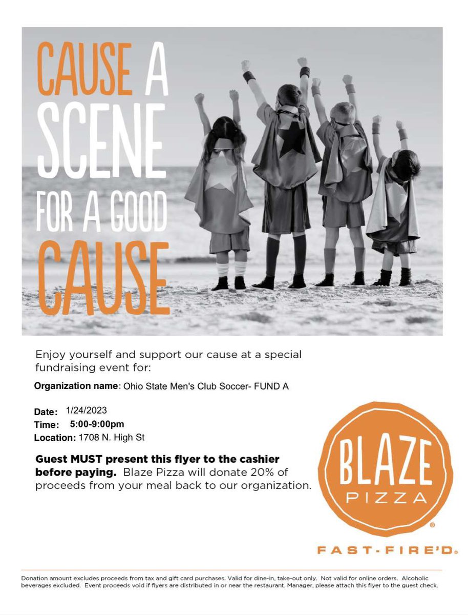 Come support us at Blaze on High Street today from 5-9! Make sure you show the flyer when you purchase your pizza!! #gobuckeyes