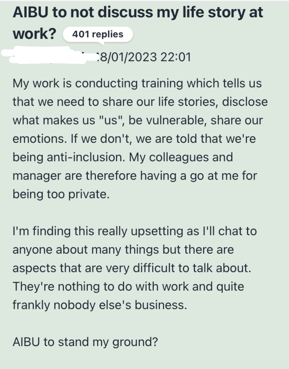 Don’t do this. Don’t force people to share personal life stories if they are uncomfortable, especially in the name of inclusion. Not everyone feels safe, and these types of activities can be painful (and unsafe) for so many people. Appalling behaviour and training practise