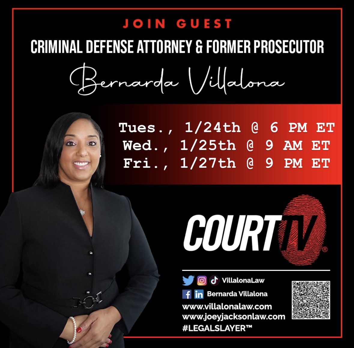 VillalonaLaw's tweet photo. Tune in…@CourtTV 📺🎤!
Bernarda Villalona
Legal Slayer™
Legal Analyst 📺🎥
Criminal Defense Attorney⚖️
Former Prosecutor
🇩🇴🇺🇸💗💚🦁Brooklyn.
#legalslayer #legalanalyst #courttv #formerprosecutor #criminaldefense #trialanalysis #trialconsultant #villalona #villalonalaw https://t.co/8M5P0Jkvs8