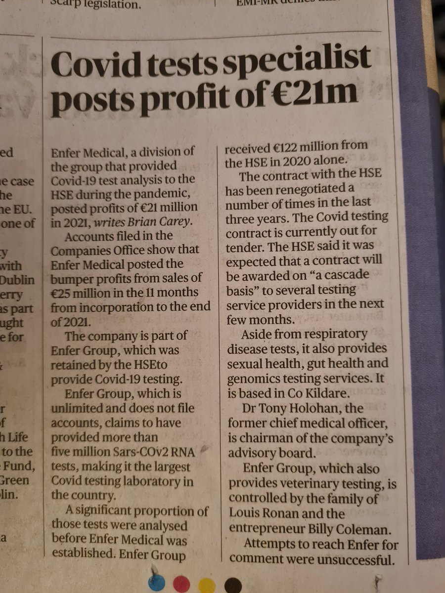 CovidHse's tweet photo. Story in yesterday's Sunday Times. Dr. Tony Holohan is Chairman of an advisory board of a company that made millions from supplying Covid tests to the HSE. On what planet is this OK? And how come we haven't heard more about it? @FergalBowers @DavQuinn @west_awake1 @wereontheditch https://t.co/RvZgNOMBNq