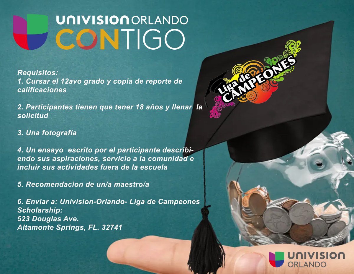 Univision and UniMás Orlando offer the Champions League Scholarship to exemplary students in our community. The winning student will receive a scholarship worth $1,000 dollars to continue with their education. Apply now!   
univision.com/local/orlando-…