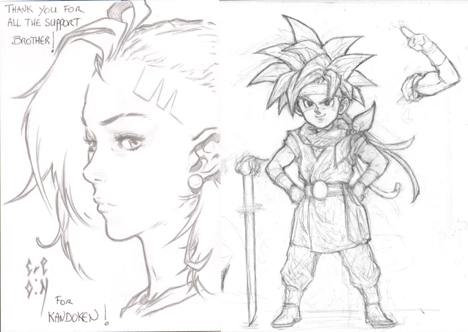 DOUBLE WHAMMY! On the left is @CreON_Art 's beautiful sketch of my OC mascot, Kando. On the right is the Heaven elemental, wild hair weilding hero of time Crono 