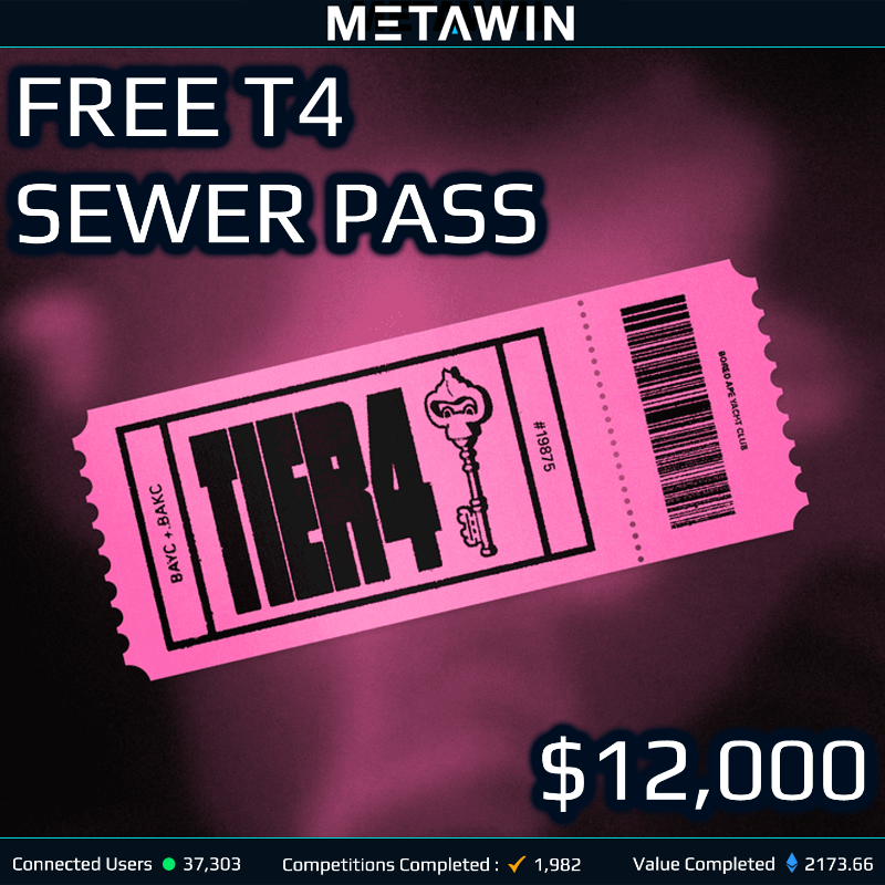 MetaWin's tweet photo. Today, we're giving away a $12,000 Bored Ape Yacht Club Sewer Pass with a floor price of 7 Eth! 

Free to Enter: https://t.co/zMcILptzOV Look for the free one ! 
  
*gas applies.