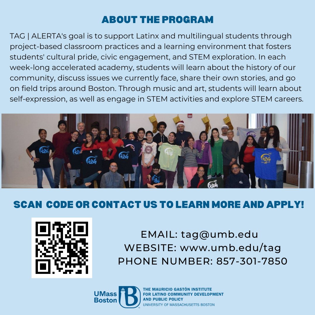 TAG_1985's tweet photo. Hola Familia!
Do you have plans for the February and April vacation weeks?
This year at TAG | ALERTA we will have accelerated academies focused on Ethnic Studies and STEM for BPS 5th-8th grade students.
To apply or for questions, contact us via email, call or text. https://t.co/ujBsbGMPpo