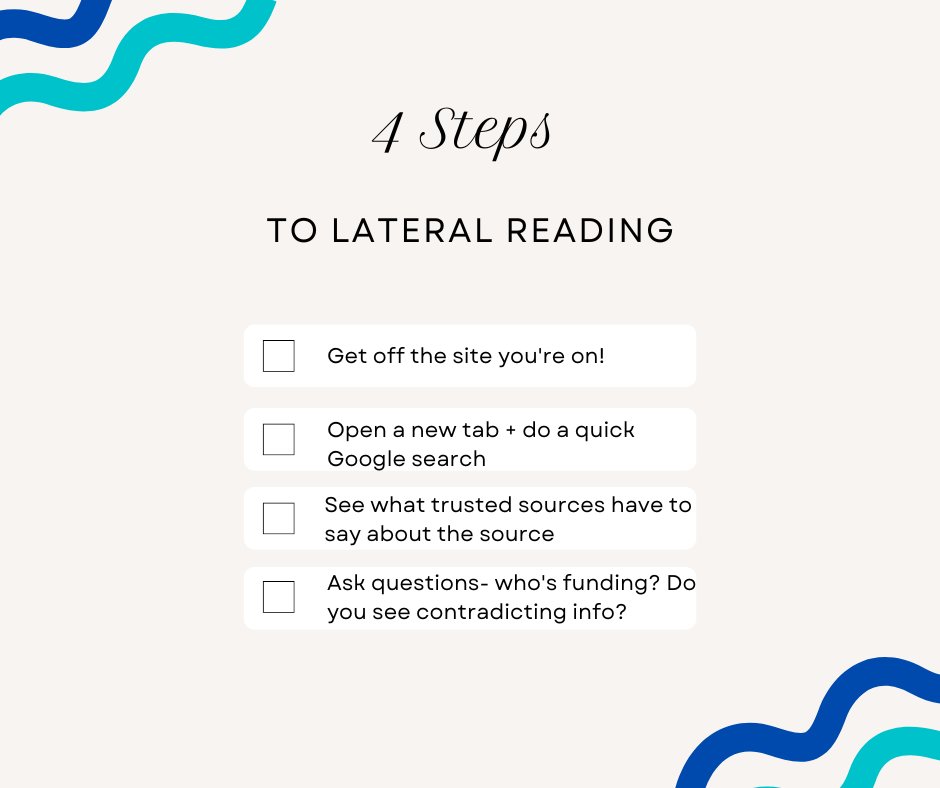 How can you determine if what you’re reading is real news? What if it’s an ad- or worse- propaganda disguised as news? Use these steps, known as Lateral Reading, to quickly sort out credible sources from untrustworthy ones. #lateralreading #criticalreading #newsliteracy #d300