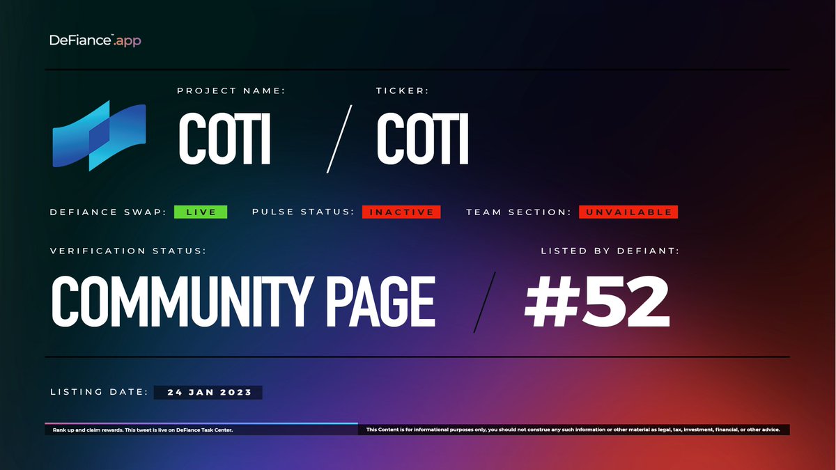 .<a href="/COTInetwork/">COTI Foundation</a> community page is now live on DeFiance.app/project/Coti

$COTI is listed on #DeFianceSwap.

COTI is the first enterprise-grade fintech platform that empowers organizations to build #DeFi payment solutions.

This is a community generated page.
#COTI #DeFianceApp