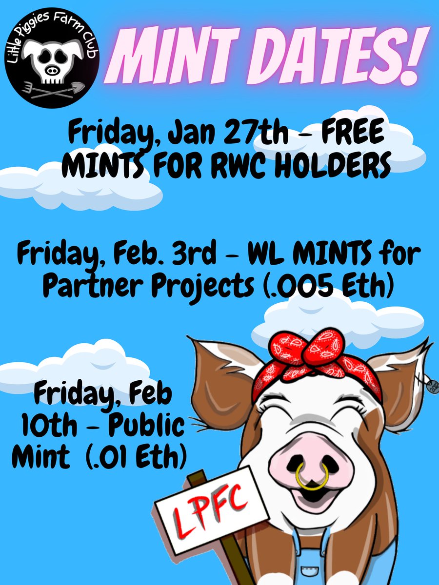 📢 LPFC 🐷 MINT Dates have been dropped! 

All @RWCPack Holders will be able to: 🐺MINT 1 WEEK EARLY
🐺3 FREE PIGGIES FOR EVERY WOLF YOU HOLD!! 🐺=🐷🐷🐷

MINTING THIS FRIDAY!!
JAN 27TH 6PM CST 

Get your WL! Join the #RWC discord: discord.gg/jxe34wdABE NOW! OINK! OINK!