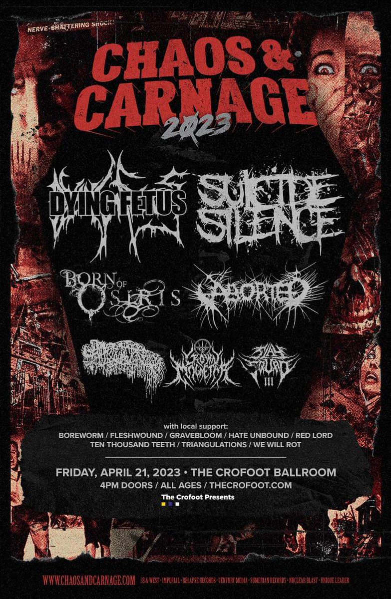 We're joining this sick show featuring <a href="/DyingFetusBand/">Dying Fetus</a> , <a href="/suicidesilence/">Suicide Silence</a> , <a href="/abortedmetal/">Aborted</a> &amp; more along with homies @gravebloom , <a href="/boreworm/">BOREWORM</a> and more.
<a href="/TheCrofoot/">The Crofoot</a> 
#hateunbound
