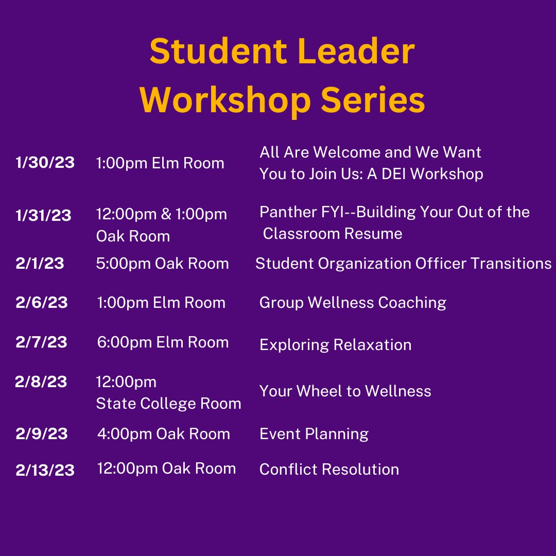 Join <a href="/InvolvementUNI/">Student Involvement UNI</a> at any of these workshops over the next two weeks! 

See a topic that interests you? 👀