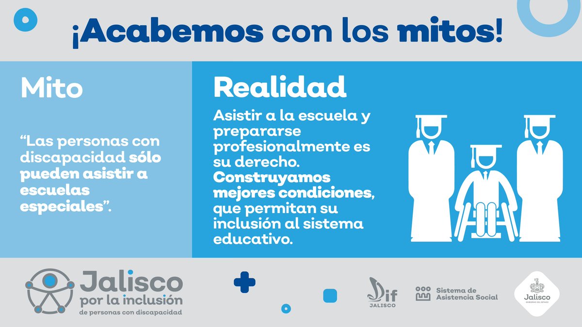 DIFJalisco's tweet photo. Las personas con discapacidad son frecuentemente excluidas y discriminadas gracias a los mitos. ¡No lo permitas! Infórmate adecuadamente y contribuye a garantizar la dignidad y el respeto a sus derechos. #JaliscoPorLaInclusión https://t.co/tqdUwlGt0C
