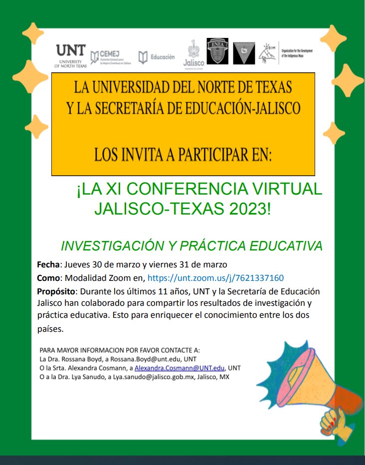 ¡Con gusto los invito a la XI Conferencia Virtual Jalisco-Texas 2023! <a href="/UNT_TEA/">UNT's Dept of Teacher Ed & Ed Leadership</a> <a href="/UNTnews/">UNT News</a> 👇🏽✅
