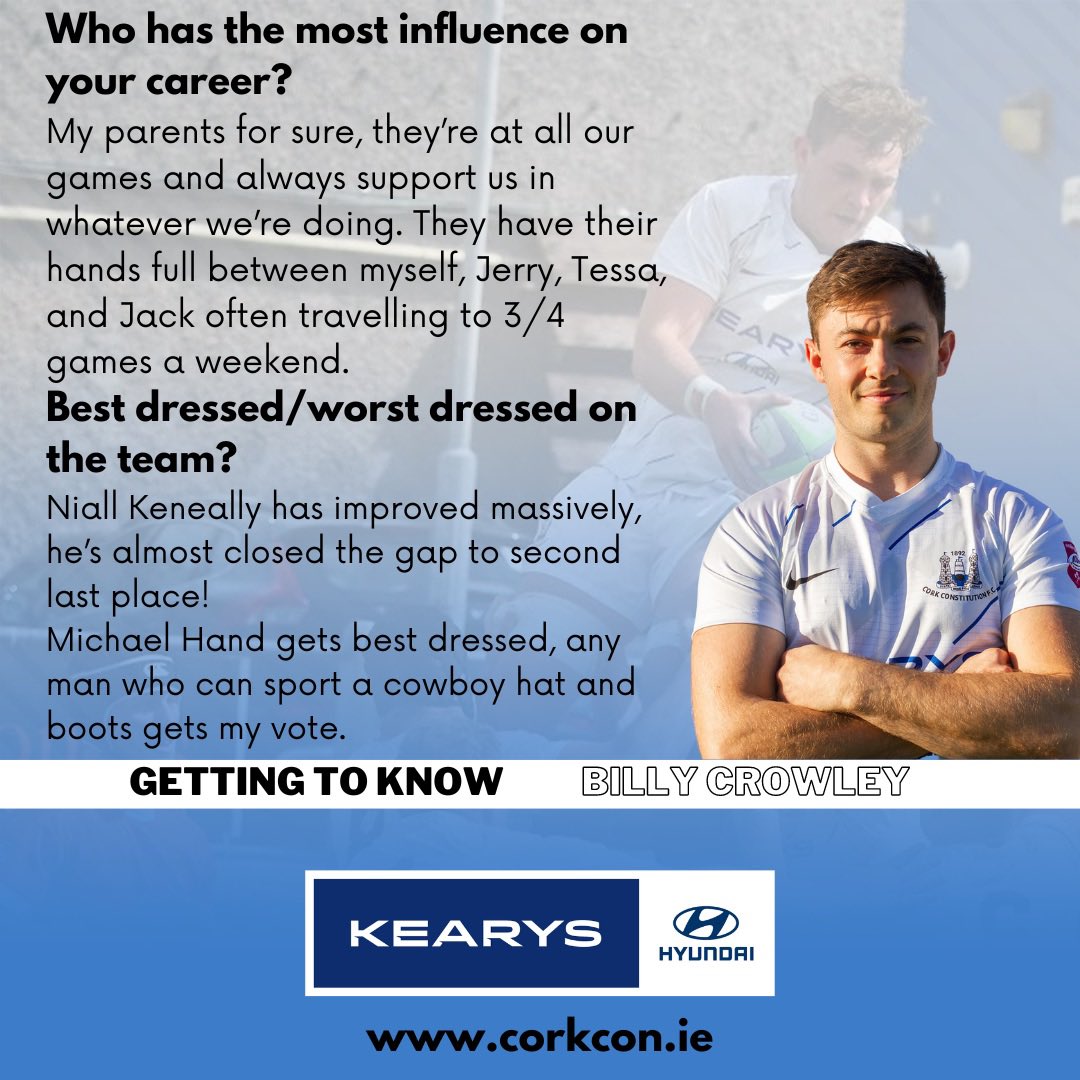 CorkConRugbyFC's tweet image. 𝗚𝗘𝗧𝗧𝗜𝗡𝗚 𝗧𝗢 𝗞𝗡𝗢𝗪 𝗕𝗜𝗟𝗟𝗬 𝗖𝗥𝗢𝗪𝗟𝗘𝗬 👋🏻
This week’s #GettingToKnow is Billy Crowley! See below👇🏻 to learn more about the Cork Constitution player. 
#GettingToKnow #CorkCon #CorkConFC #EnergiaAIL #Energia #PositiveEnergy #ClubRugby #KearysHyundai #Rugby