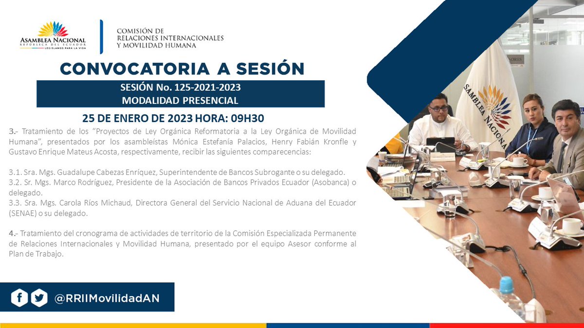 RRIIMovilidadAN's tweet photo. 📢#ComisionesAN | MAÑANA
✔️Sesión No. 125 (09h30) PRESENCIAL
➡️Situación legal de pescadores artesanales, Visa #VIRTE, Proyectos Reformatorios #LeyMovilidadHumana y actividades territorio.
#ComisionesAN
#AsambleaEC https://t.co/8lHCQ2lGKK