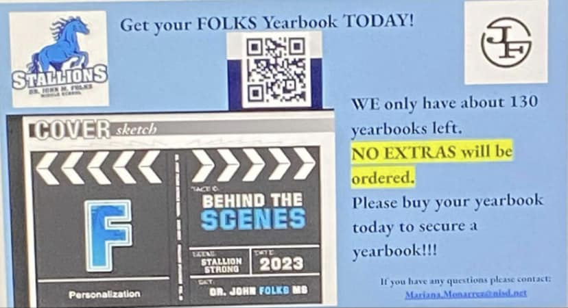 Only 130 left! 📣
Get your Folks yearbook while you can.
No additional orders will be made!