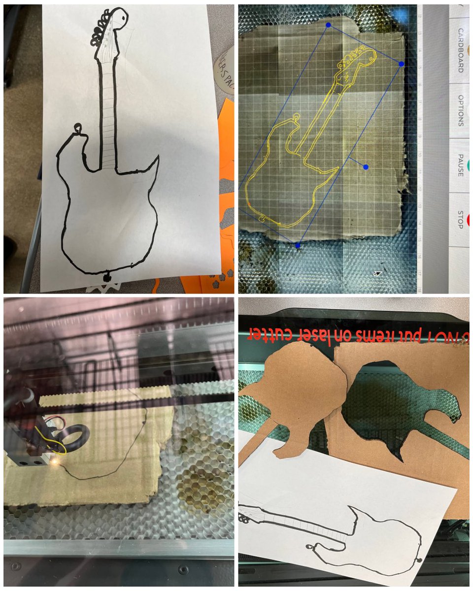 Today, a 5th grader used the laser cutter to cut a cardboard guitar based on his drawing. Next, he plans to decorate it with conductive elements that will pair with Makey Makey and Scratch to make a playable guitar. So much fun!
#USDlearns #LaserCutting #STEAM #STEMeducation